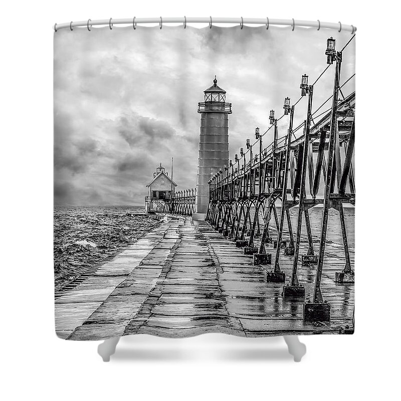 Grand Haven Shower Curtain featuring the photograph Grand Haven Lighthouse - Monochome by Nick Zelinsky Jr