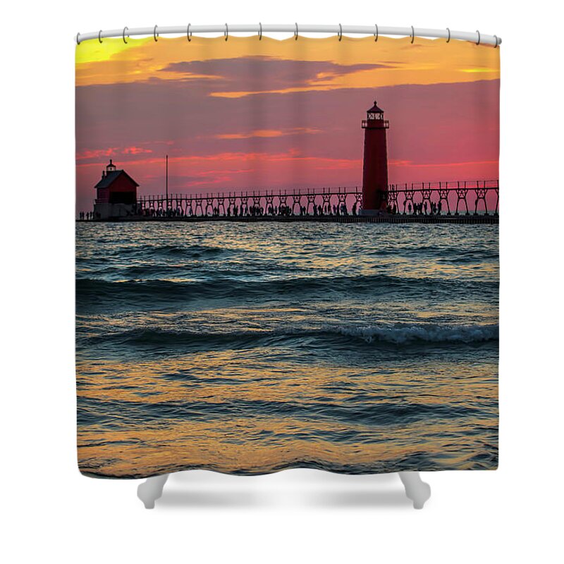 Pier Shower Curtain featuring the photograph Grand Haven Pier Sail by Pat Cook