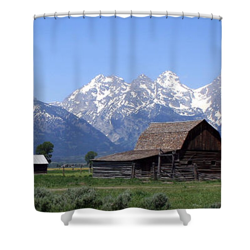 Grand Tetons Shower Curtain featuring the photograph Grand Teton Barn Panarama by George Jones