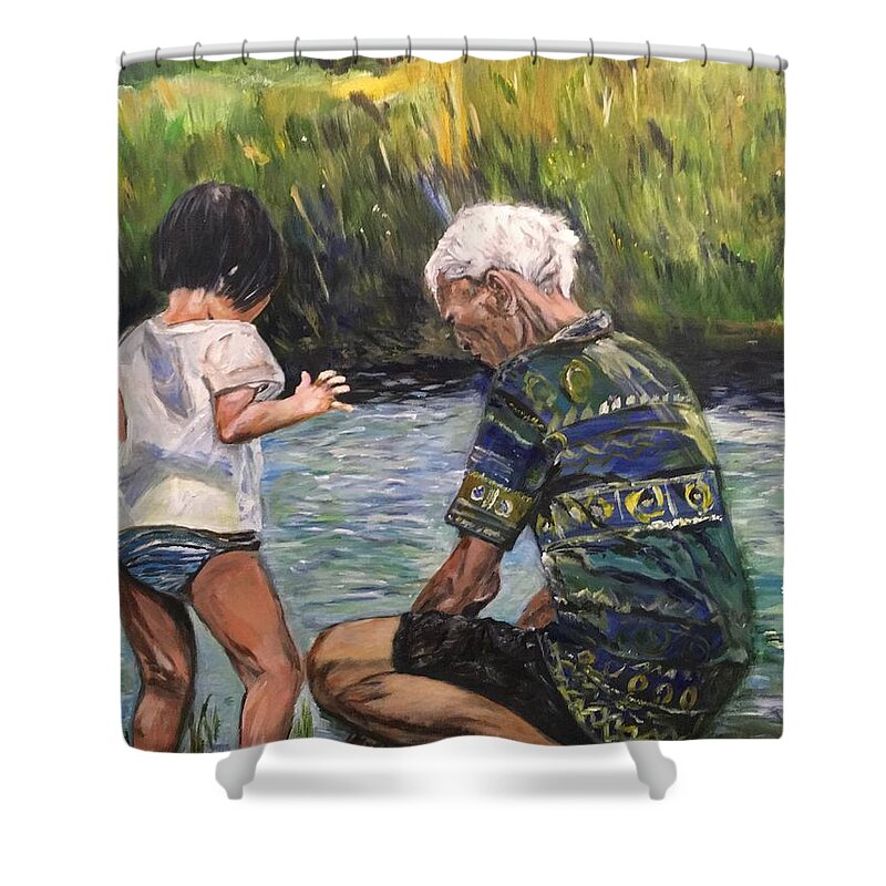 Gradndpa Shower Curtain featuring the painting Grandpa And I by Belinda Low