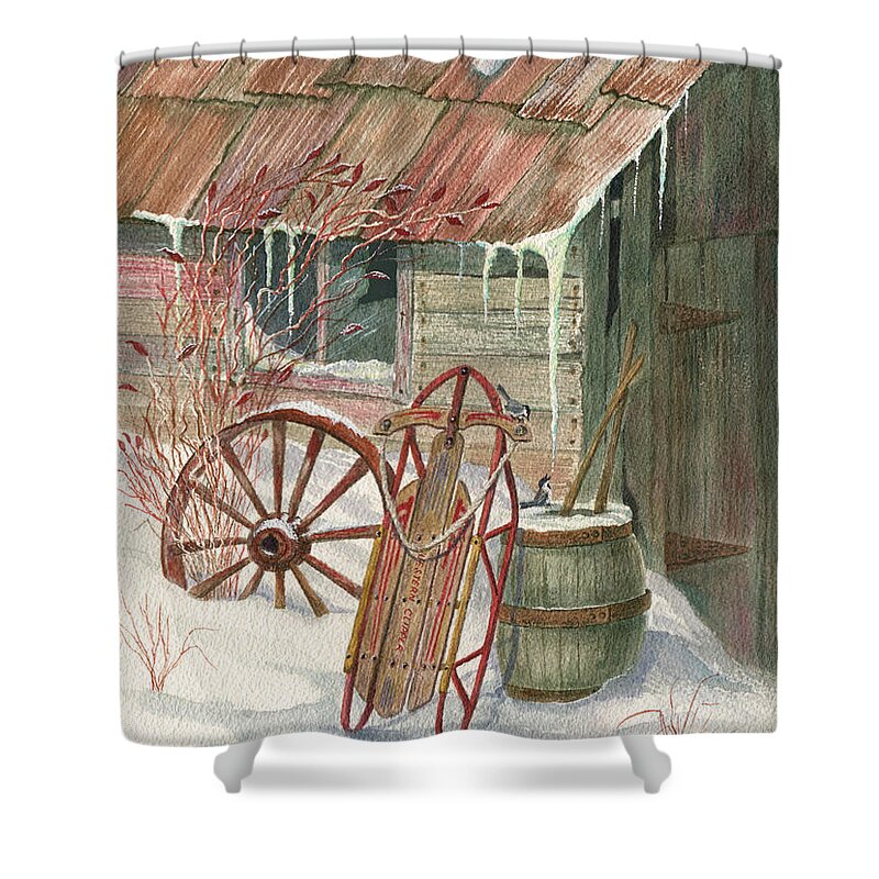 Old Wooden Shed Shower Curtain featuring the painting Grandpa's Clipper Sled by Marilyn Smith
