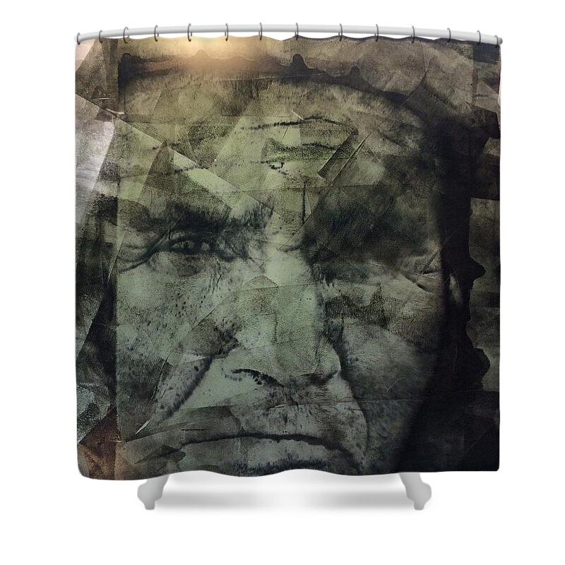 Spiritual Native Men Mountains Global Cultural Shower Curtain featuring the painting Granite Faces of Men and Mountains by FeatherStone Studio Julie A Miller
