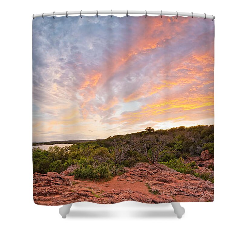 Inks Lake Shower Curtain featuring the photograph Granite Hills of Inks Lake State Park Against Fiery Sunset - Burnet County Texas Hill Country by Silvio Ligutti