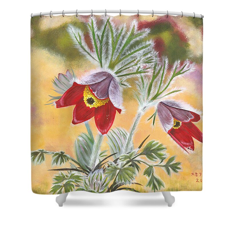 Pulsatilla Koreana Shower Curtain featuring the painting Granny flowers by Helian Cornwell