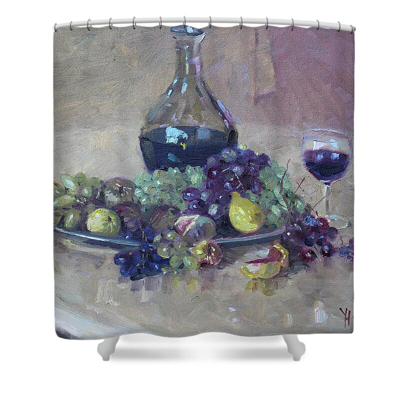 Grape Shower Curtain featuring the painting Grape and Wine by Ylli Haruni