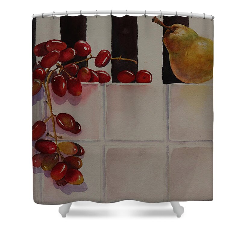 Fruit Shower Curtain featuring the painting Grapes and Pear by Ruth Kamenev