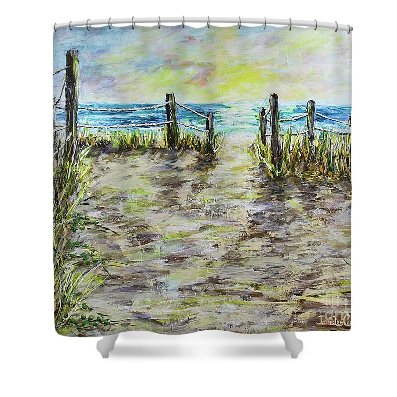 Beach Shower Curtain featuring the painting Grassy Beach Post Morning 2 by Janis Lee Colon