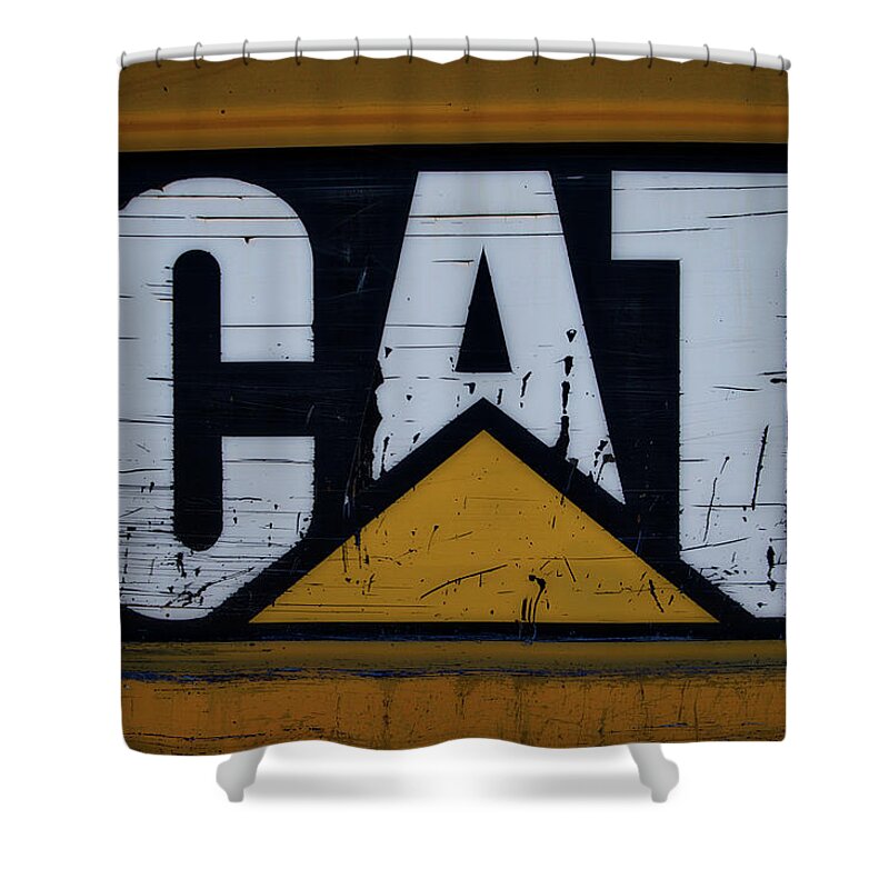 Gravel Pit Shower Curtain featuring the photograph Gravel Pit Cat Signage Hydraulic Excavator by Thomas Woolworth