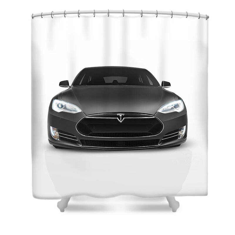 Tesla Shower Curtain featuring the photograph Gray Tesla Model S luxury electric car front view isolated on wh by Maxim Images Exquisite Prints