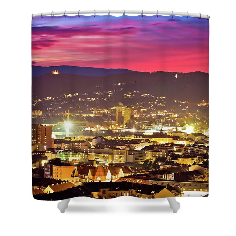 Graz Shower Curtain featuring the photograph Graz city center aerial view at burning sky dusk by Brch Photography