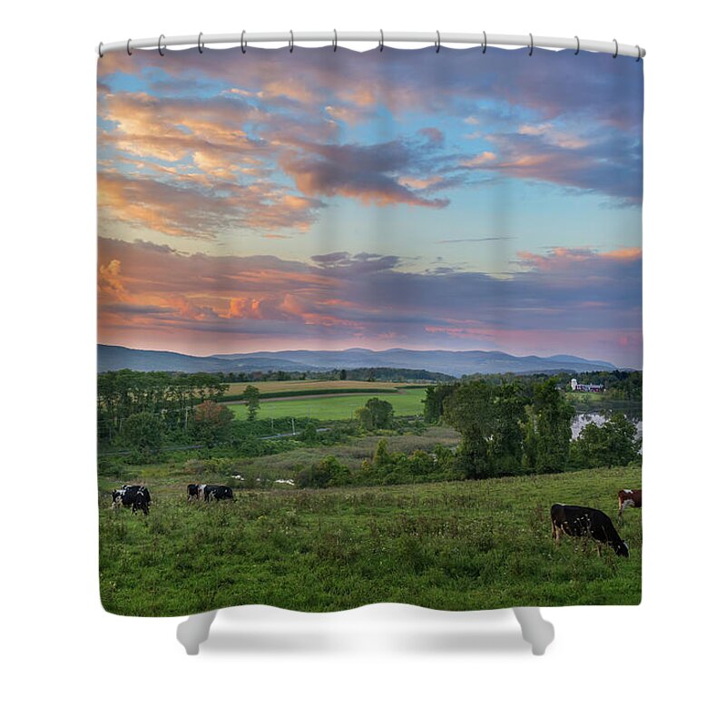 Farms And Barns Shower Curtain featuring the photograph Grazing at Sunset by Bill Wakeley