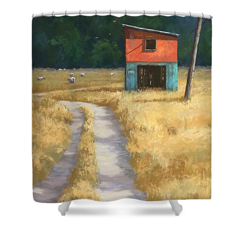 Barn Shower Curtain featuring the pastel Grazing in the Grass by Candice Ferguson