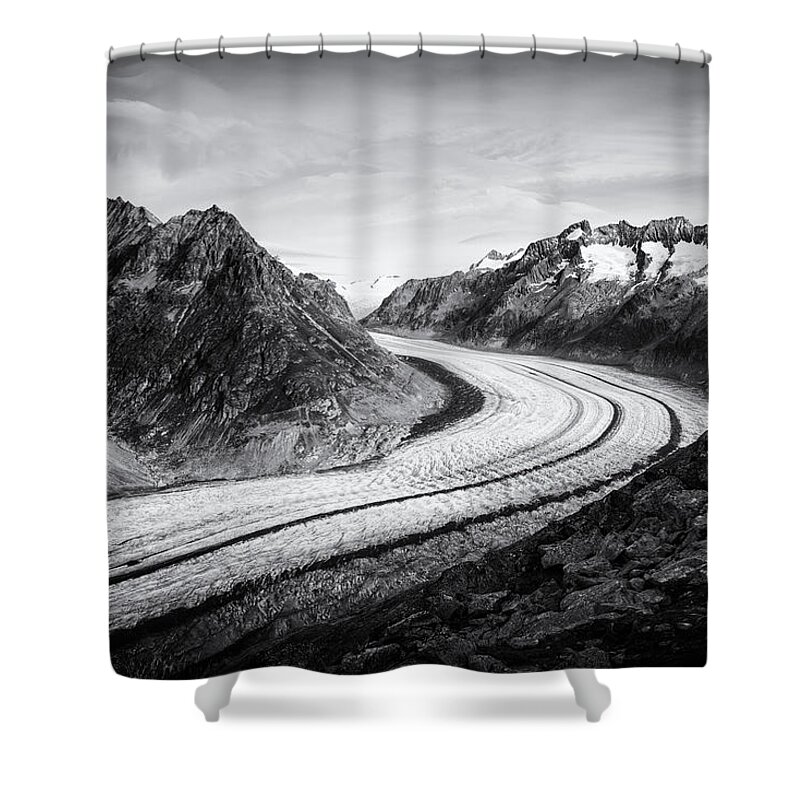 Aletsch Glacier Shower Curtain featuring the photograph Great Aletsch Glacier Switzerland Black and White by Matthias Hauser