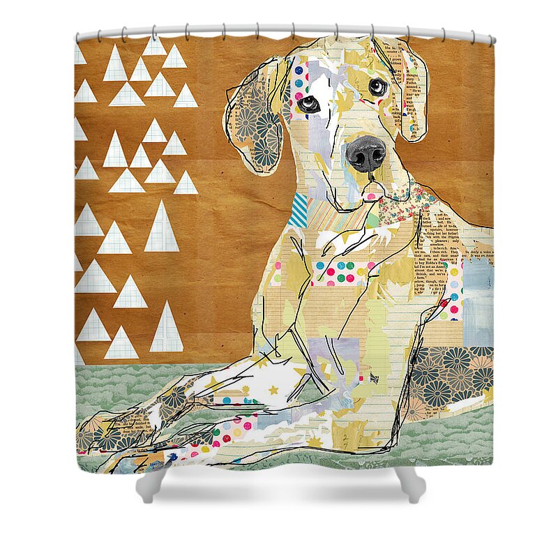 Great Dane Shower Curtain featuring the mixed media Great Dane Collage by Claudia Schoen