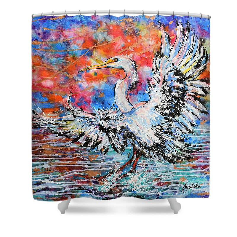  Shower Curtain featuring the painting Great Egret Sunset Glory by Jyotika Shroff