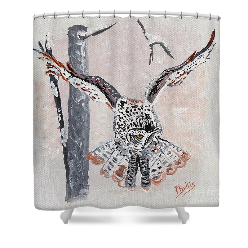 Great Gray Owl Originally Photographed By Asbed Iskedjian Shower Curtain featuring the painting Great Gray Owl painting by Phyllis by Phyllis Kaltenbach