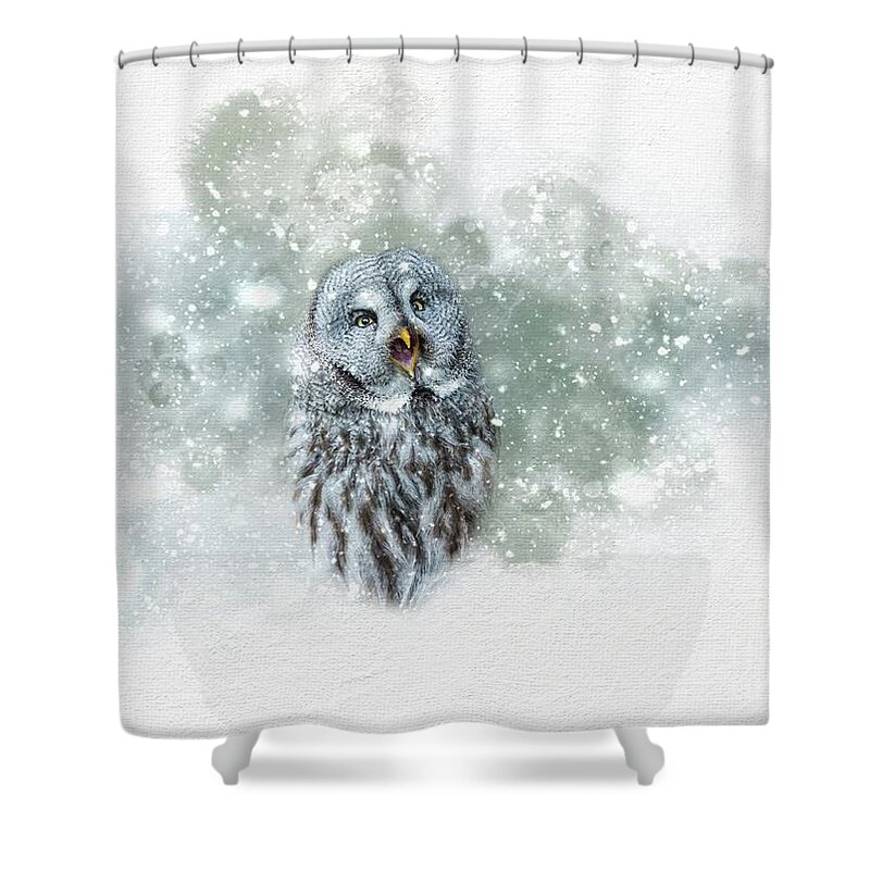 Great Grey Owl Shower Curtain featuring the photograph Great Grey Owl in Snowstorm by Eva Lechner