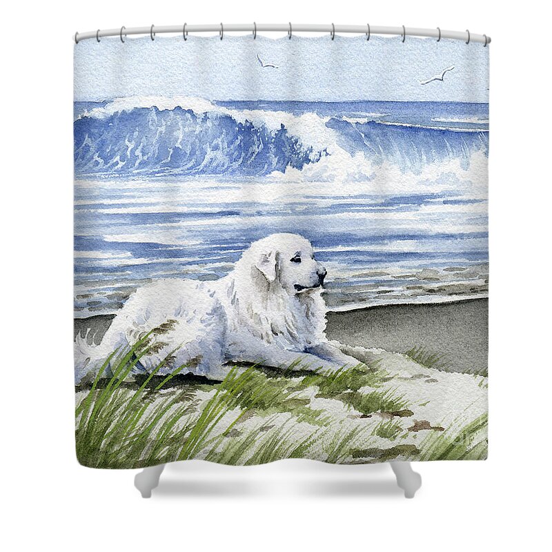 Great Shower Curtain featuring the painting Great Pyrenees at the Beach by David Rogers