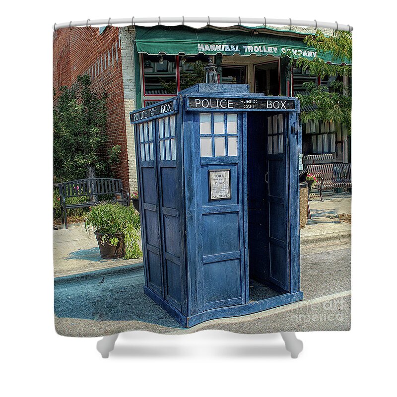 Great River Steampunk Festival Shower Curtain featuring the photograph Great River Steampunk Festival Police Box by Luther Fine Art
