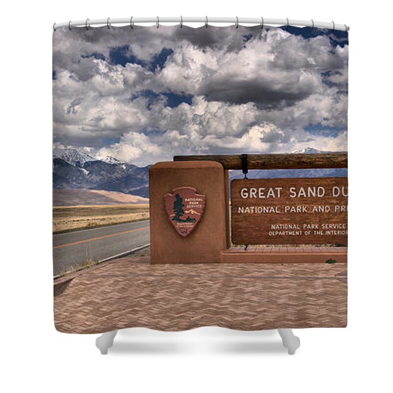 Great Sand Dunes Shower Curtain featuring the photograph Great Sand Dunes Entrance Panorama by Adam Jewell