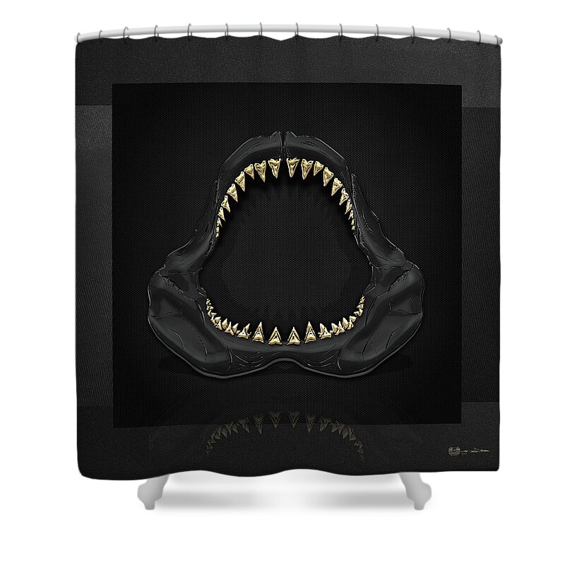 'black On Black' Collection By Serge Averbukh Shower Curtain featuring the digital art Great White Shark - Black Jaws with Gold Teeth on Black Canvas by Serge Averbukh