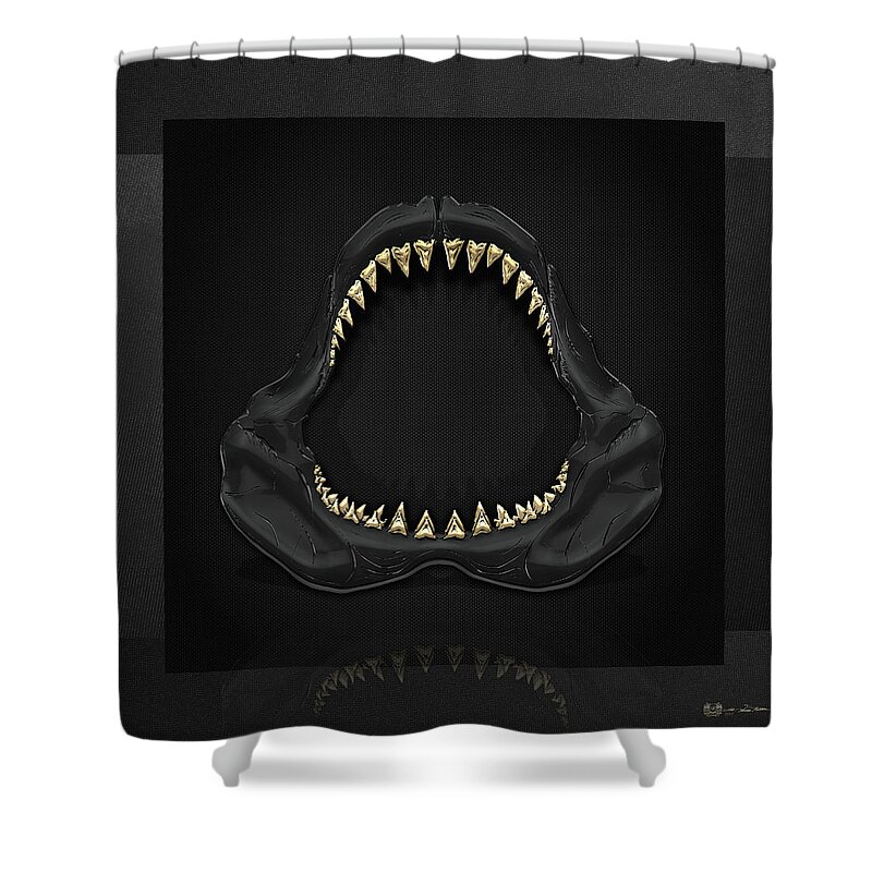 �black On Black� Collection By Serge Averbukh Shower Curtain featuring the photograph Great White Shark Jaws with Gold Teeth by Serge Averbukh
