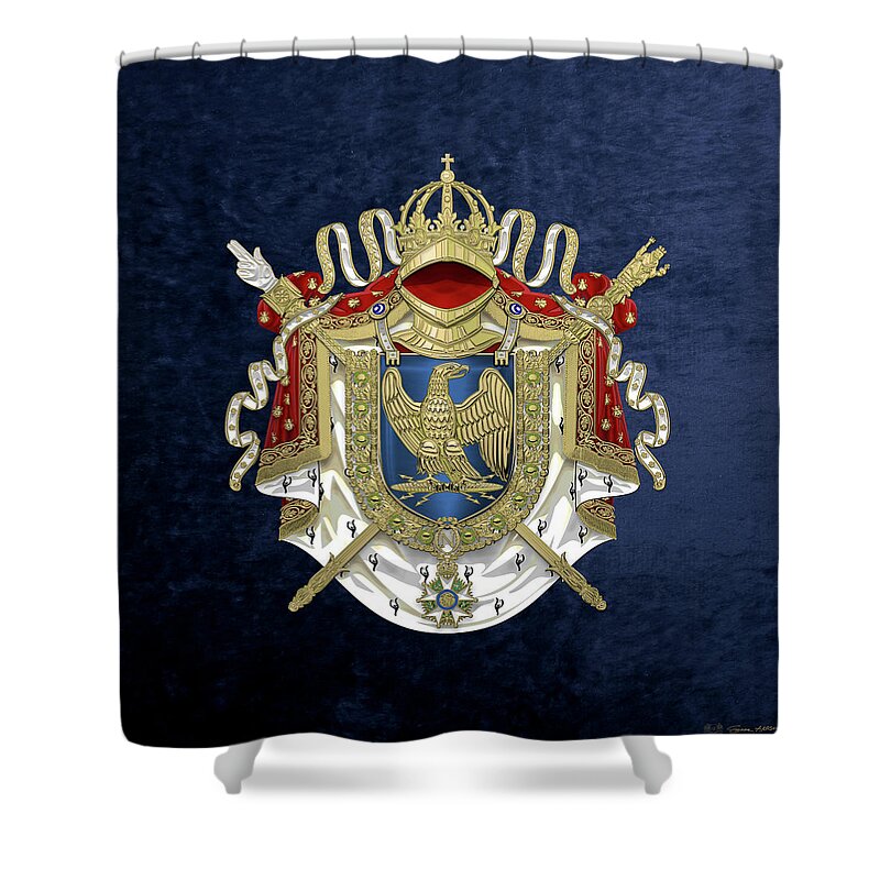 'napoleon Bonaparte' Collection By Serge Averbukh Shower Curtain featuring the digital art Greater Coat of Arms of the First French Empire over Blue Velvet by Serge Averbukh