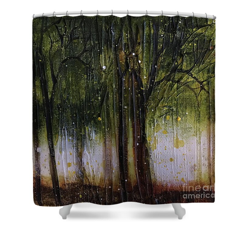 Textured Shower Curtain featuring the painting Gree Tree Forest by Mantra Y