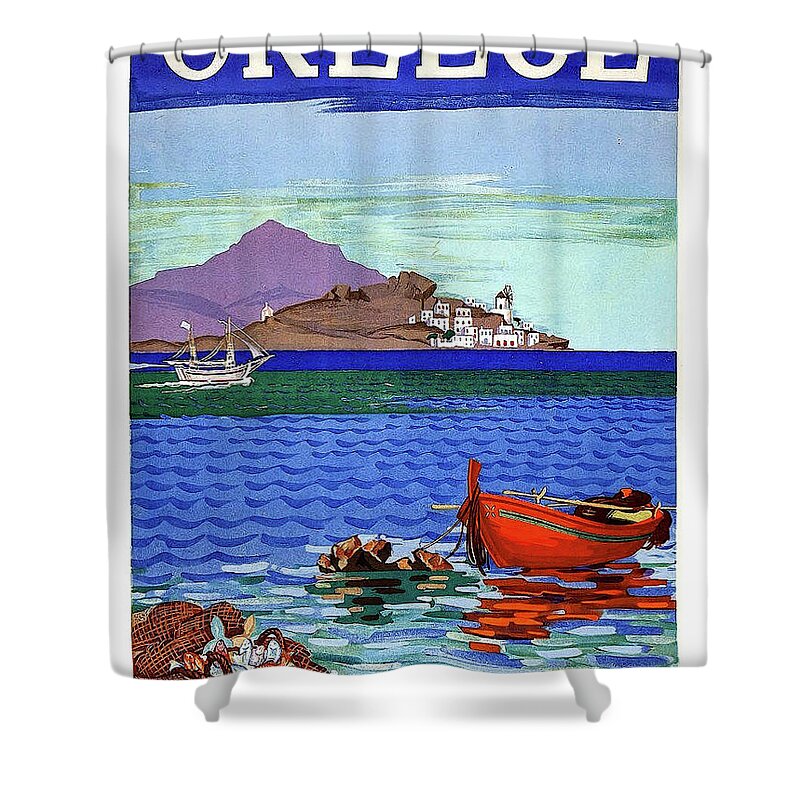 Greece Shower Curtain featuring the painting Greece, Mediterranean coast, fishing boat by Long Shot
