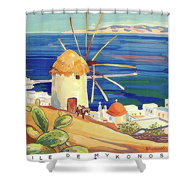 Greece Shower Curtain featuring the painting Greece, Mediterranean sea, windmill on the Mykonos coast by Long Shot