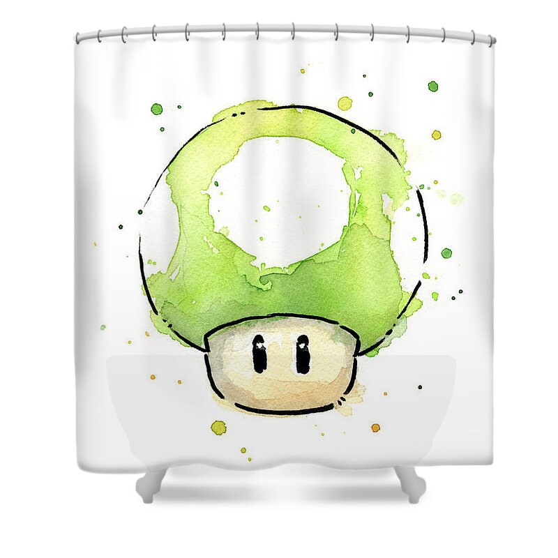 Video Game Shower Curtain featuring the painting Green 1UP Mushroom by Olga Shvartsur