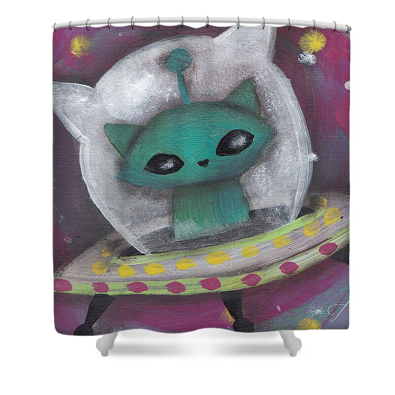 Mid Century Modern Shower Curtain featuring the painting Green Alien Cat by Abril Andrade
