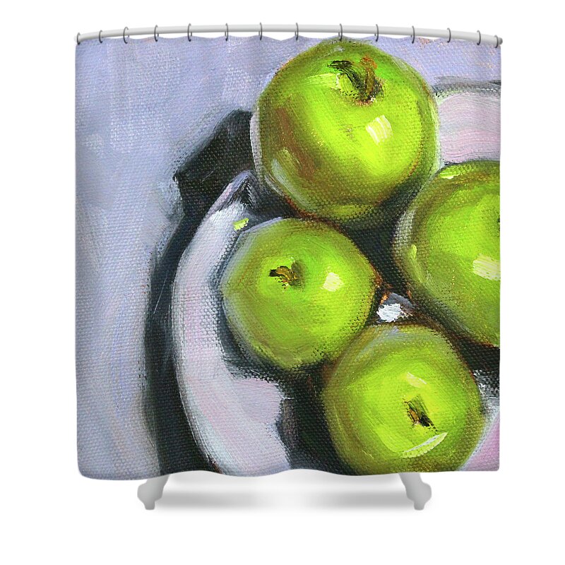 Green Apples Shower Curtain featuring the painting Green Apple Plate by Nancy Merkle