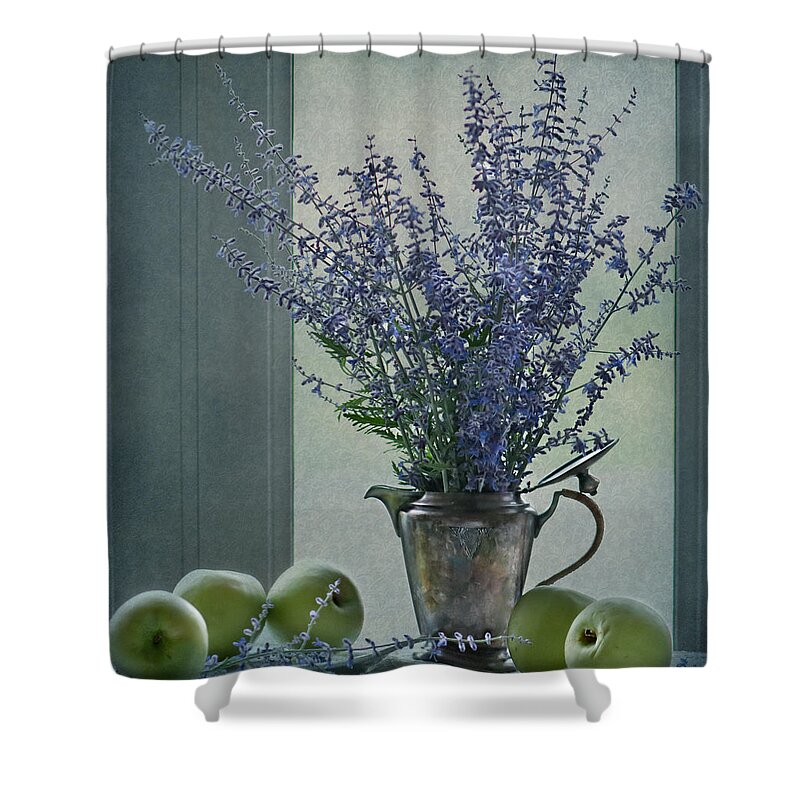 Still Life Shower Curtain featuring the photograph Green Apples in the Window by Maggie Terlecki