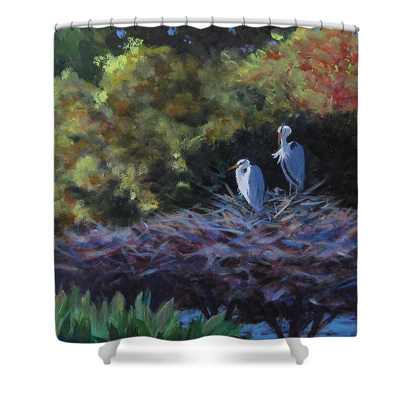 Heron Shower Curtain featuring the painting Green Cay Family by Anne Marie Brown