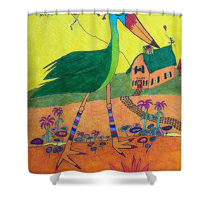 Hagood Shower Curtain featuring the painting Green Crane with Leggings and Painted Toes by Lew Hagood