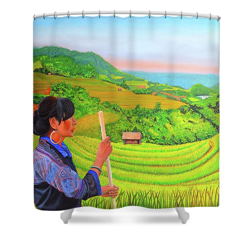 Black Hmong Shower Curtain featuring the painting Green Destiny by Thu Nguyen