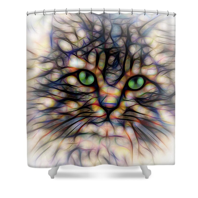 Terry D Photography Shower Curtain featuring the digital art Green Eye Kitty Square by Terry DeLuco