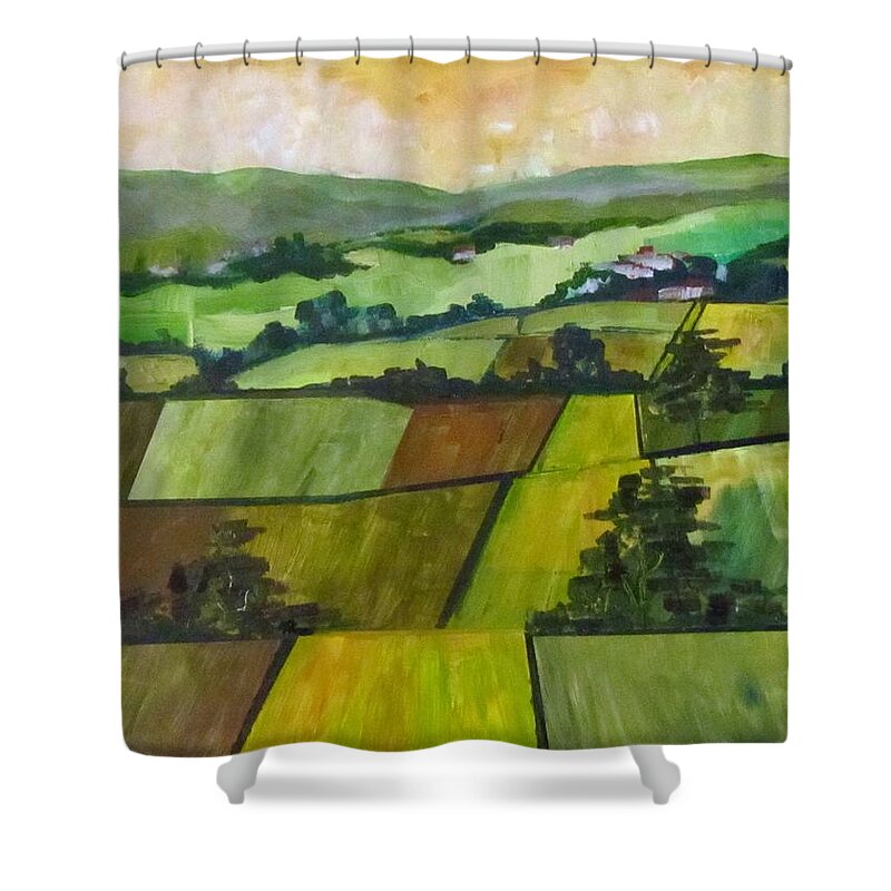 Trees Shower Curtain featuring the painting Green Fields by Barbara O'Toole