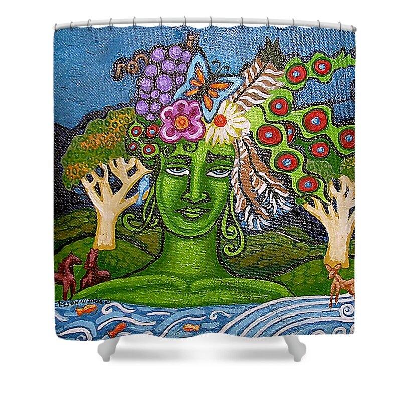 Green Goddess Shower Curtain featuring the painting Green GoddessWith Waterfall2 by Genevieve Esson