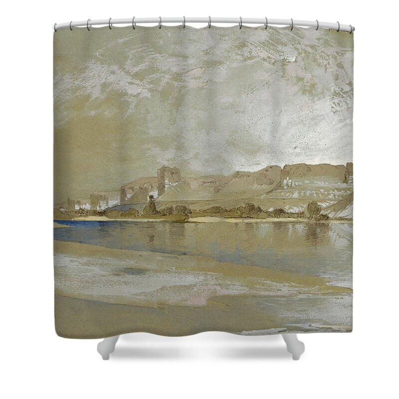 Thomas Moran Shower Curtain featuring the drawing Green River from the Ferry, Wyoming Territory, September 11, 1889 by Thomas Moran