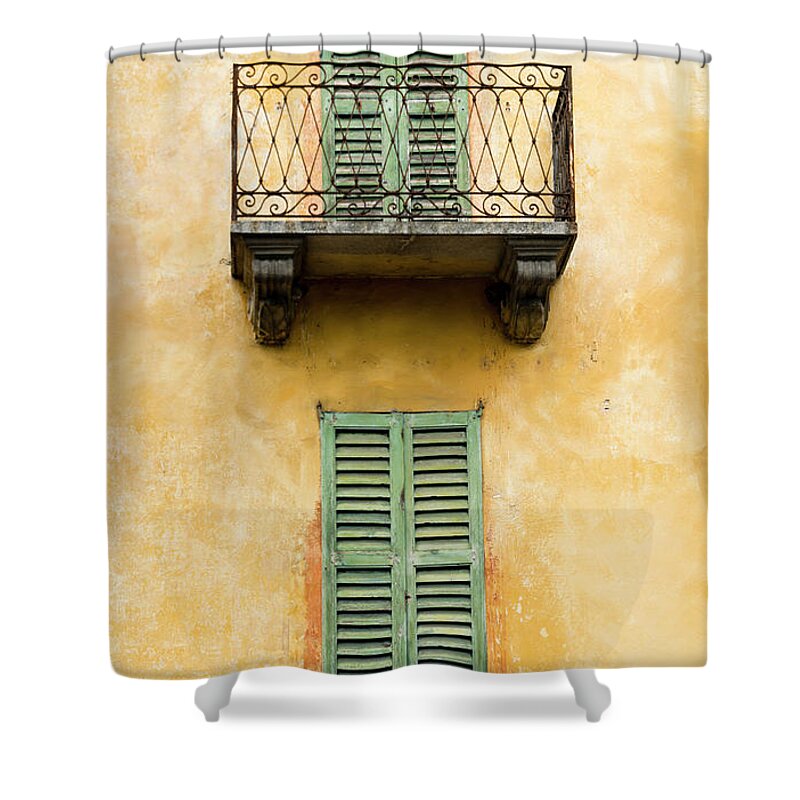Architecture Shower Curtain featuring the photograph Green shuttered windows by Oscar Gutierrez