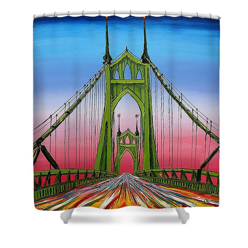  Shower Curtain featuring the painting Green St. Johns Bridge 3 by James Dunbar