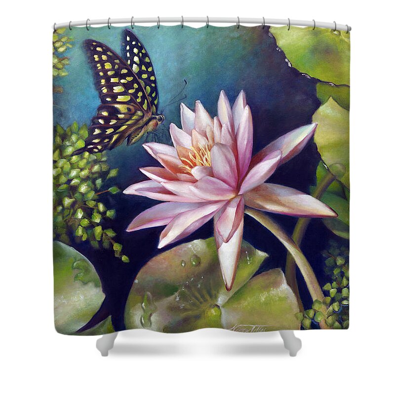 Water Lily Shower Curtain featuring the painting Green Tailed Jay Butterfly and Water Lily by Nancy Tilles