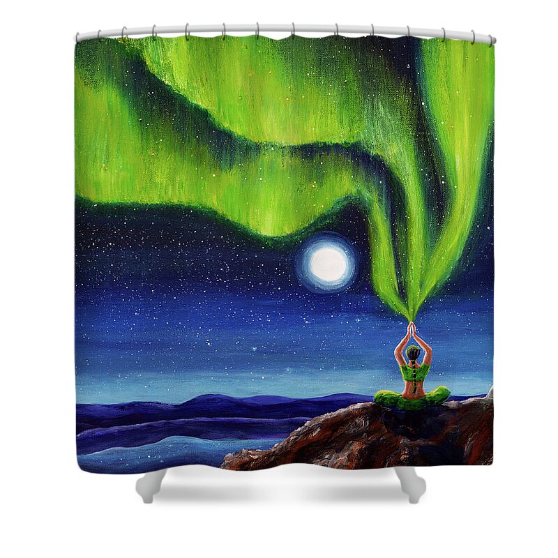 Meditation Shower Curtain featuring the painting Green Tara Creating the Aurora Borealis by Laura Iverson