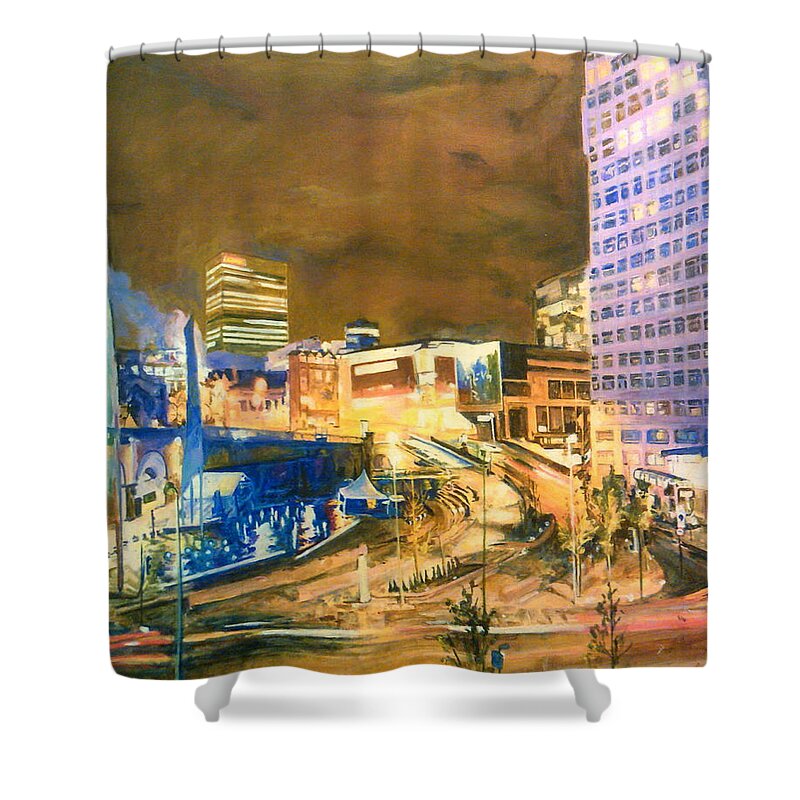 Manchester City Centre Shower Curtain featuring the painting Greengate, Salford, Manchester At Night by Rosanne Gartner