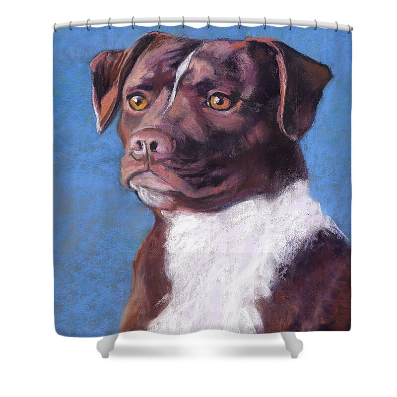 Dog Portrait Shower Curtain featuring the pastel Gretchen by Julie Maas