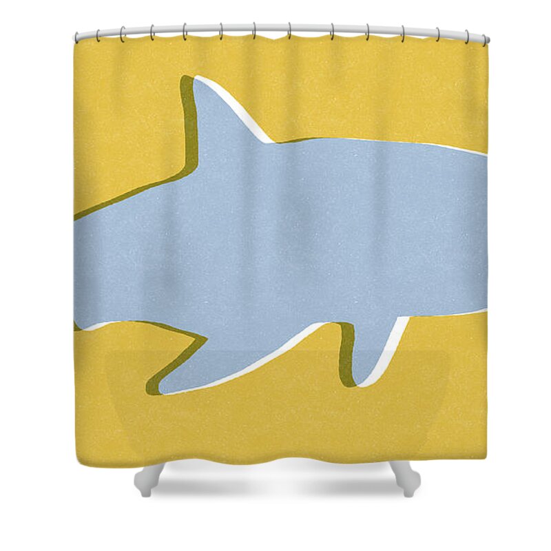Shark Shower Curtain featuring the mixed media Grey and Yellow Shark by Linda Woods