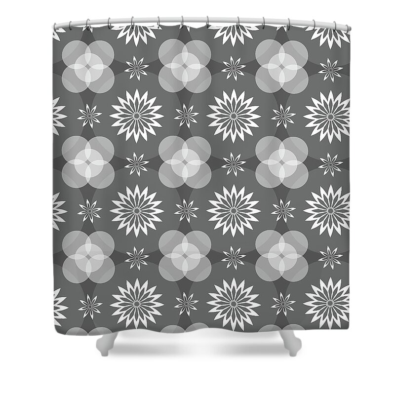 Grey Shower Curtain featuring the digital art Grey Circles and Flowers Pattern by Becky Herrera