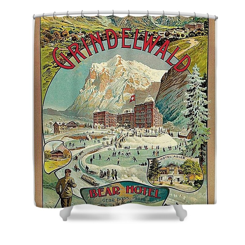 Grindewald Switzerland Travel Poster Shower Curtain featuring the painting Grindewald Switzerland Travel Poster by MotionAge Designs